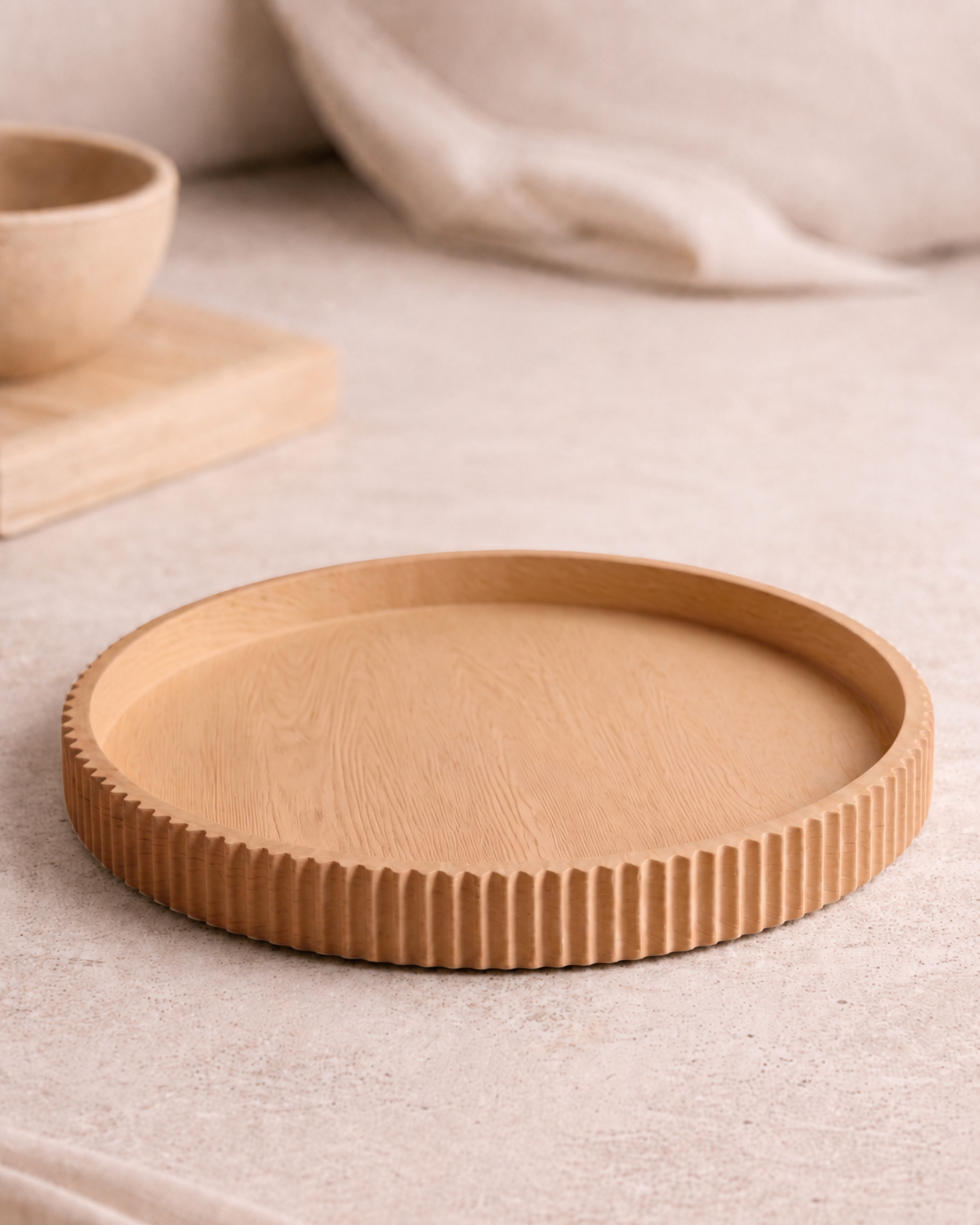 Modern Enso dienblad in Caramel, duurzaam 3D-geprint voor woonaccessoires.